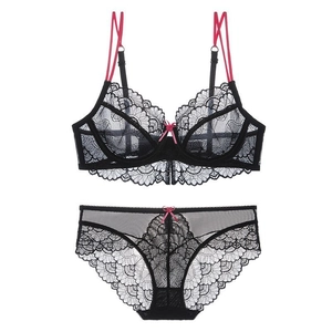Lace lingerie set with black underwire bra and matching panties with pink straps