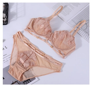 Detailed close-up of apricot floral embroidery on thin mesh bra and panty set