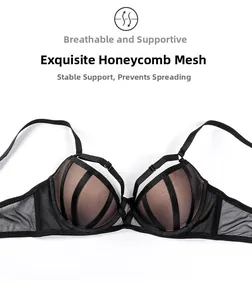 Détail du soutien-gorge push-up noir avec mesh alvéolé respirant et design à lanières