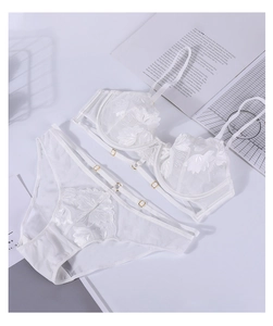 Detailed macro view of white lace embroidery mesh lingerie set with golden adjusters