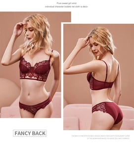 Burgundy lace lingerie set with eyelash lace trim and high-waisted briefs details
