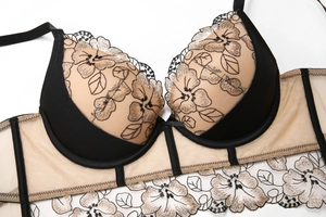 Détail de la lingerie en dentelle noire avec broderies florales beiges et tulle délicat