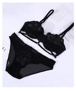 Detail of black lace bra and panty set with exquisite 3D floral embroidery textures