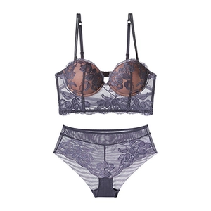 Détail de broderie florale pourpre sur ensemble de lingerie en dentelle et tulle