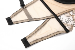 Détail de la broderie florale sur tulle beige avec bordure élastique noire du soutien-gorge