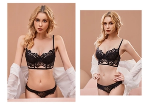 Detailed view of elegant black lace lingerie set with floral patterns and eyelash trim