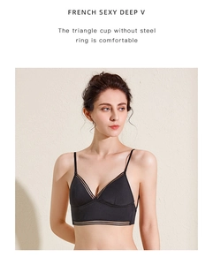 Detail of French-style black deep V triangle bra with sheer striped mesh underband