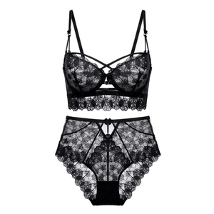 Ensemble de lingerie sexy en dentelle noire française avec broderie et soutien-gorge