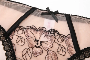Détail macro de culotte en dentelle avec broderies florales noires et petit nœud