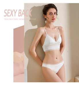 Detailed view of white French lace lingerie set with stripe mesh and backless U-shape design