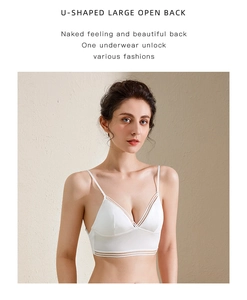Detail of white U-shaped backless bra with sheer mesh trim and seamless thin straps