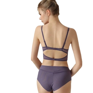 Dunkelviolettes Spitzen-Dessous-Set mit Doppelrücken-Schnalle und hoher Taille Unterhose
