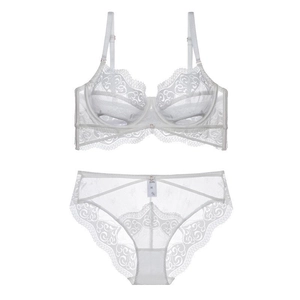 Detail of white lace bra and panty set featuring sheer mesh and intricate floral embroidery