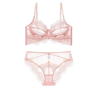 Detailed flat lay of pink sheer lace lingerie set with scalloped mesh embroidery