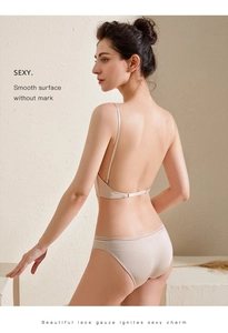 Detail of nude backless U-shaped seamless bra and briefs set with thin straps