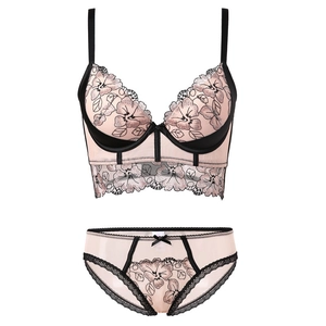 Ensemble de lingerie en dentelle pêche avec broderie florale noire pour femme
