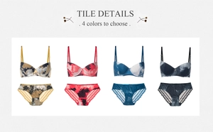 Flat lay detail of printed lingerie sets in four colors with delicate lace side panels