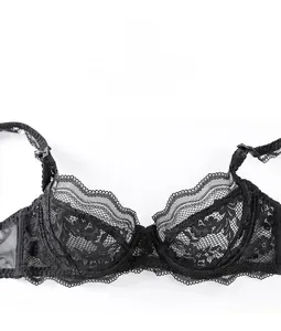 Close-up of black lace bra featuring delicate wave lace patterns and breathable mesh