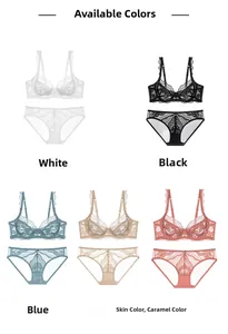 Flat lay of lace lingerie sets in white, black, blue, skin and caramel colors