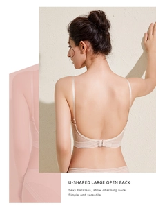 Détail du soutien-gorge dos nu en U avec fines bretelles et texture à pois subtile