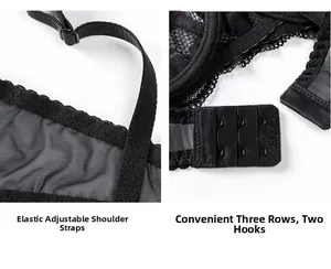 Detail view of black lace bra with adjustable straps and three-row hook-and-eye closure