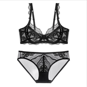 Elegant black lace lingerie set with supportive underwire bra and sheer mesh panties