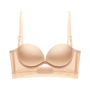 Seamless Push Up Bra For Women Sexy U Back Low Cut Wireless Lingerie Lace Mesh Dots Gathered Adjustable Straps Underwear