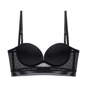 Seamless black push-up bra with U-shaped back, lace detailing and adjustable thin straps