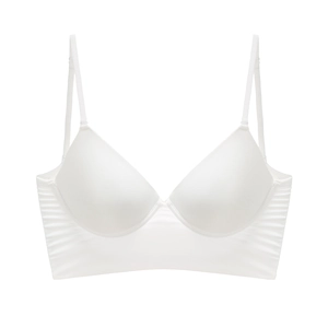Elegant white long-line satin bra with thin straps and seamless backless design
