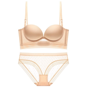 Ensemble de Soutien-Gorge Dos Nu Sans Couture Sexy pour Femmes Push Up Lingerie en Nylon avec Bordure en Dentelle à Pois