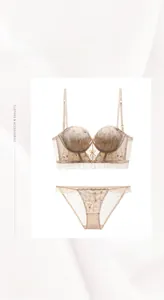 Dettaglio ricamo su un set di reggiseno in pizzo beige e slip in rete coordinati