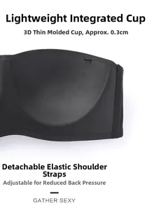 Detail of 0.3cm thin seamless black bandeau bra with detachable adjustable straps