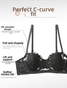 Detail of black lace bra with 8.5cm side boning and removable straps for support