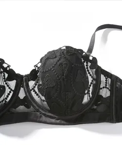 Close-up of black mesh bra featuring intricate butterfly embroidery and supportive underwire