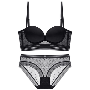 Ensemble lingerie noir dos en U sans couture avec résille à pois et dentelle