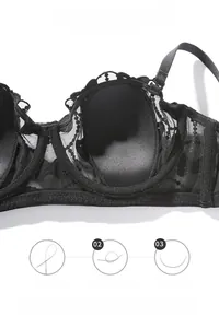 Detail of black lace bra featuring flexible memory wire and anti-deformation inner cups