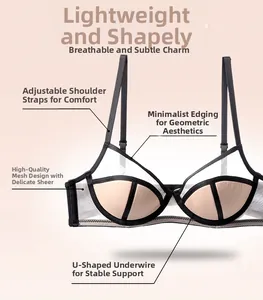 Detail of French style mesh bra featuring contrast binding and adjustable straps