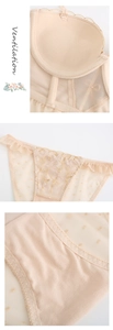 Dettaglio di un set reggiseno in pizzo beige con mesh traspirante e motivo a pois