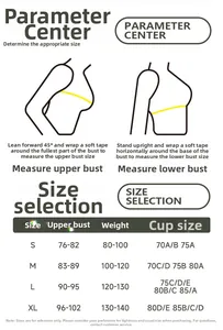 Size chart for yoga sports bra including bust measurements and sizing guide