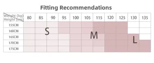 Size chart table showing S M L options for high waist yoga leggings by height and weight