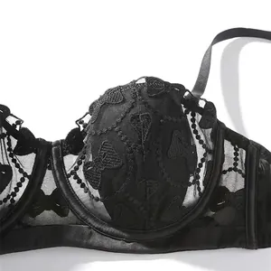 French style black lace bra with bow embroidery and soft underwire support for women