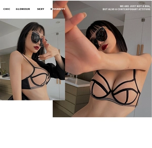 Detail of sheer mesh paneling and black structural straps on a French style bra