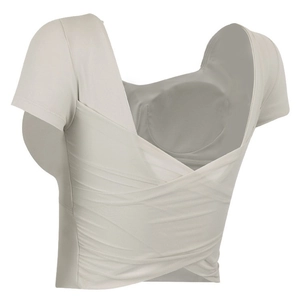 Haut de Yoga à Séchage Rapide pour Femmes Avec Coussinets de Poitrine Dos Croisé en Maille T-Shirt de Fitness de Sport
