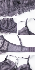 Detail view of purple lace bra showing bow accents, underwire, and triple hook closure