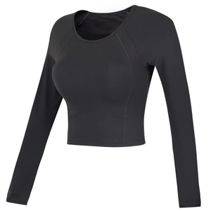 Damen Yoga Cropped Langarmshirt Slim Fit Sportoberteil Mit Brustpolstern Daumenlöcher Atmungsaktiv Fitness Gym Sport Top