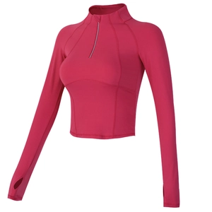 Haut de Yoga à Manches Longues avec Demi-Zip pour Femme Coupe Ajustée Col Montant Maillot de Sport Respirant Fitness