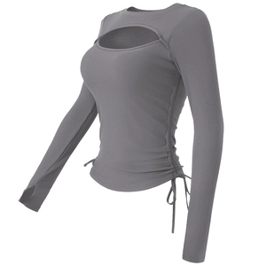 Women Long Sleeve Yoga Top Cut Out Ribbed Slim Fit Athletic Running Shirt With Thumbholes Drawstring Workout Clothes