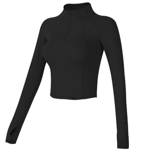 Haut de sport court noir ajusté pour femme avec demi-zip et passe-pouces