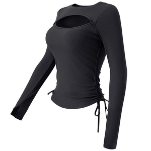 Slim fit black long sleeve yoga top with front cutout and side drawstring detail