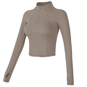 Haut de yoga femme à manches longues, demi-zip et passe-pouces, couleur terre